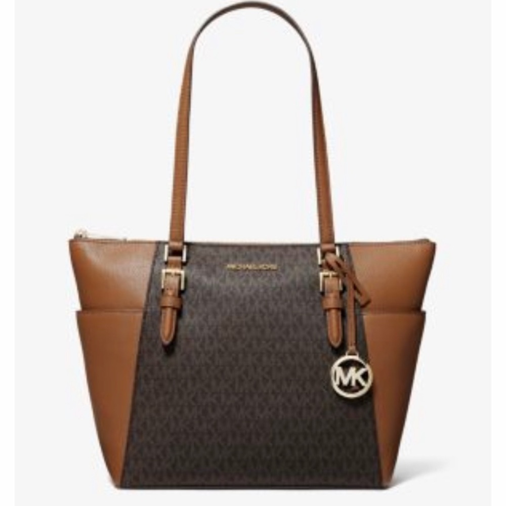 MK Charlotte Large Logo and Leather Top-Zip Tote Bag